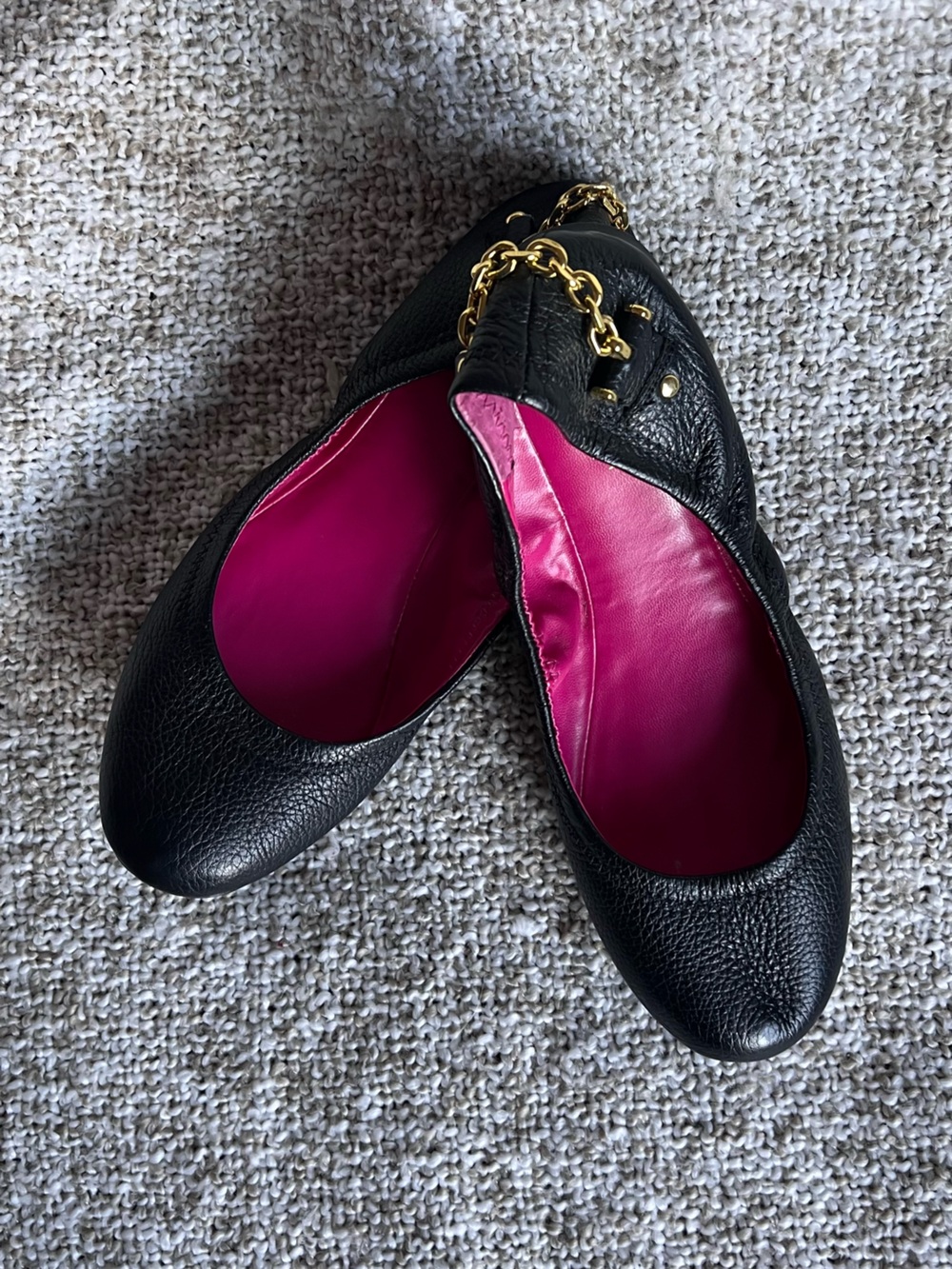 US 8.5 LAUREN Ralph Lauren Black Leather Gold-Chain Scrunch Ballet Flats